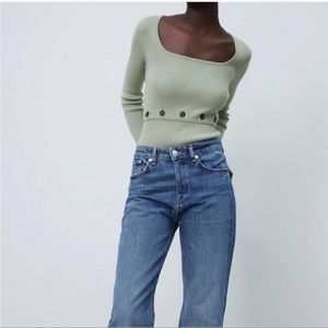 Zara Sage Green Ribbed Button Bodysuit sz M